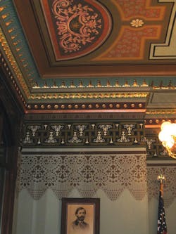 Where the walls were previously painted white, the results of EverGreenes finishes investigation in the Illinois State Capitol Where the walls were previously painted white, the results of EverGreenes finishes investigation in the Illinois State Capitol