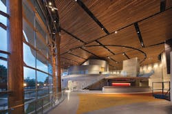Wood Columns Made Of Parallel Strand Lumber Support The Steel Roof And Glass Curtain Wall Of Arena Stage In Washington, D c Wood Columns Made Of Parallel Strand Lumber Support The Steel Roof And Glass Curtain Wall Of Arena Stage In Washington, D c