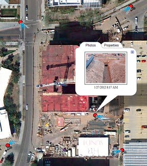 Geo-tagged image shows the exact spot where the photo was taken (red dot) and the angle at which it was taken, as well as date,