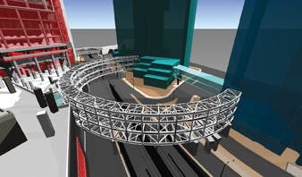 BIM model by the Walter P Moore firm showing the coordination of civil and structural elements of a suspended bridge structure a