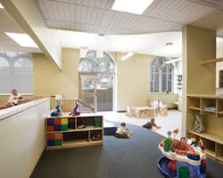 To maximize daylight and views for the children, alternating windows of the first-floor classrooms were changed into glazed door To maximize daylight and views for the children, alternating windows of the first-floor classrooms were changed into glazed door