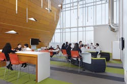 The bookless Digital Library at UNO Galewood Charter School, one of 13 UNO charters serving Chicagos Hispanic community. Students sit at genius bars and use tablets and mobile devices to do their work. UNO wanted to break the mold of what a library is, says Patricia Saldaa Natke, Principal in Charge at UrbanWorks, Ltd., the schools designer. Christopher Barrett Photography The bookless Digital Library at UNO Galewood Charter School, one of 13 UNO charters serving Chicagos Hispanic community. Students sit at genius bars and use tablets and mobile devices to do their work. UNO wanted to break the mold of what a library is, says Patricia Saldaa Natke, Principal in Charge at UrbanWorks, Ltd., the schools designer. Christopher Barrett Photography