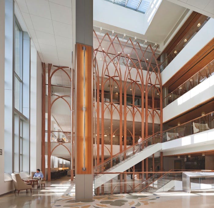 This Five Story Atrium Links All Clinical Areas At The Duke Cancer Center, Drawing The Eye To A Custom Wood Screen The Design Was Inspired By The Campuss Collegiate Gothic Tradition, As Well As The Regions Native Loblolly Pines