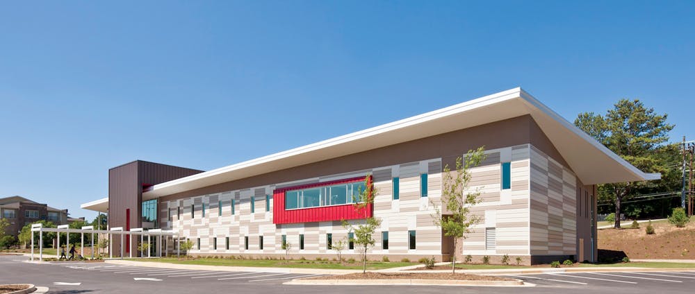 The 34,000-sf Adamsville Regional Health Center, designed by Stanley Beaman & Sears, with The Whiting-Turner Contracting Co. as CM. The AIA-AAH award winner provides a primary care clinic, a behavioral health clinic, a dental clinic, childcare facilities, and a workforce development center to residents of this predominantly African-American neighborhood on Atlantas west side. Photo: Jonathan Hillyer