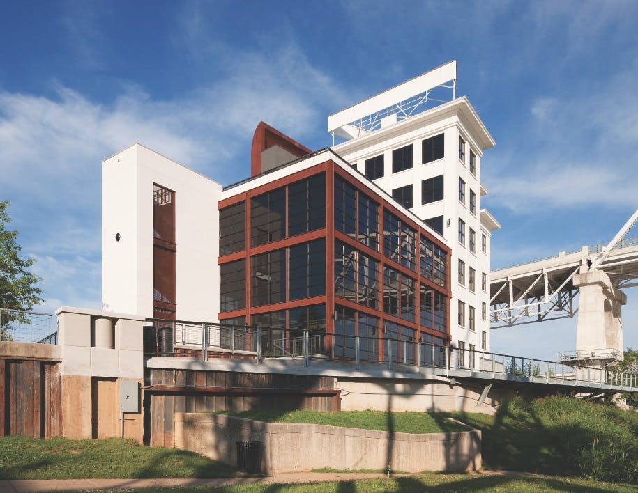 The Bridge Building on the Cumberland River in Nashville was recently transformed into offices and event space. Hastings Archite