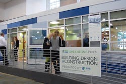 Pedia-Pod was clad in architectural wall panels in varying shades of blue, creating a functional rainscreen system within the co Pedia-Pod was clad in architectural wall panels in varying shades of blue, creating a functional rainscreen system within the co