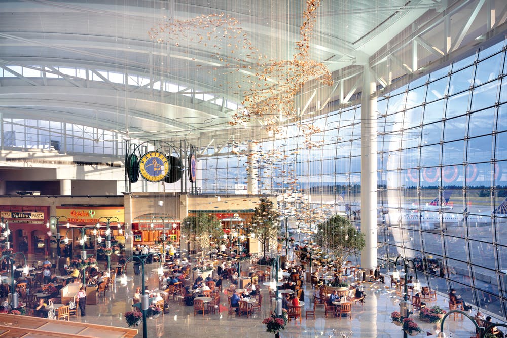 The 130,000-sf Great Hall in the central terminal at Seattle-Tacoma International Airport offers a glass curtain wall with plent