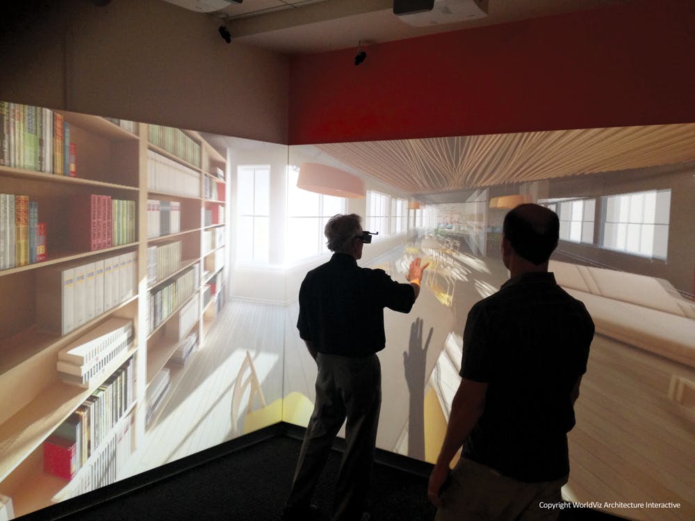 A user navigates a virtual reality model of a proposed commercial office at DPR Constructions Virtual Reality Showroom in Redwo