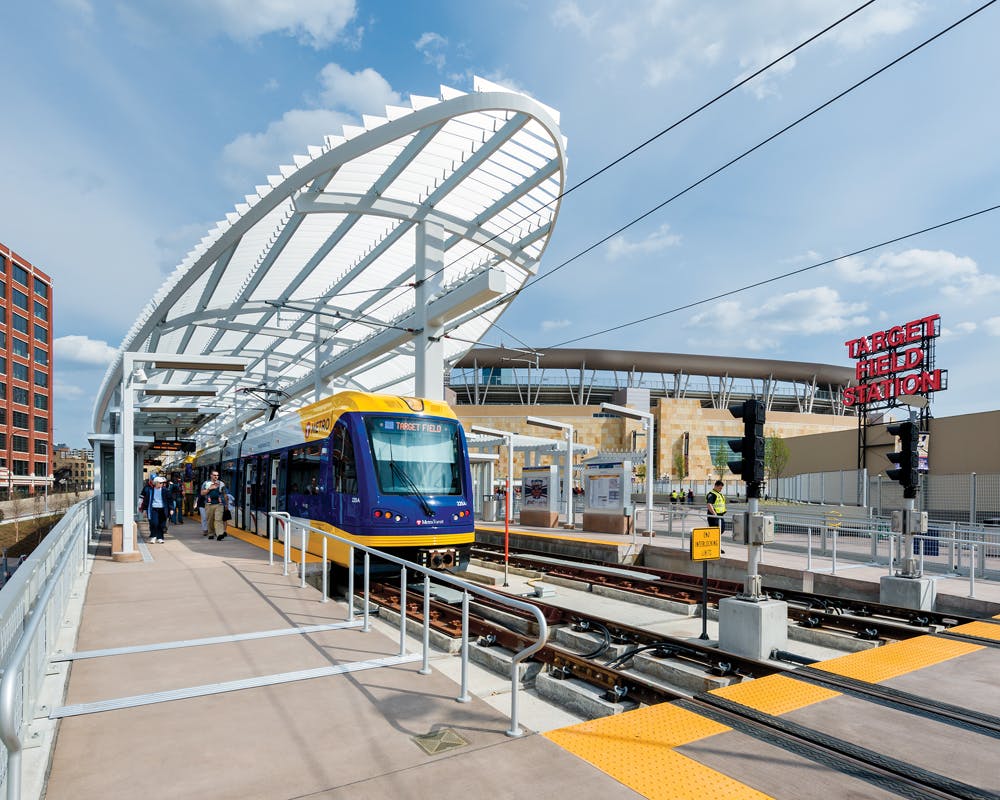 Minneapoliss Target Field Station opened last May 17. The $82.5 million hub is the western terminus of the new Green Line, whic