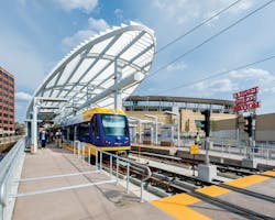 Minneapoliss Target Field Station opened last May 17. The $82.5 million hub is the western terminus of the new Green Line, whic Minneapoliss Target Field Station opened last May 17. The $82.5 million hub is the western terminus of the new Green Line, whic