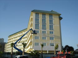 The extent of concrete deterioration was so severe that the balconies and walkways were completely removed and replaced with new The extent of concrete deterioration was so severe that the balconies and walkways were completely removed and replaced with new