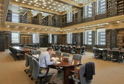 In restoring the library at the McCormack federal building, the Building Team recreated the original ceiling lights, cleaned the In restoring the library at the McCormack federal building, the Building Team recreated the original ceiling lights, cleaned the