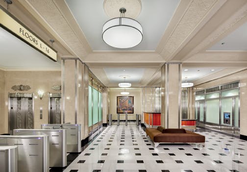 The ground floor lobby, entrance, mezzanine, and second floor of the 26-story building had not undergone significant enhancement