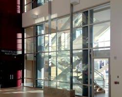 The architects were able to create a 2-hour exit enclosure/stairwell that provided vision and maximum fire safety using fire rat The architects were able to create a 2-hour exit enclosure/stairwell that provided vision and maximum fire safety using fire rat