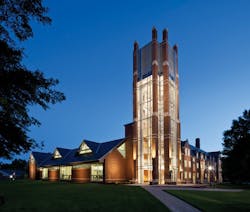 The Tower At The Vernon S Broyles Leadership Center Unifies A New Addition (left) With The Rehabilitated Simons Law Building (right) The Glass Tower, Which Was Built To Support A Future Carillon, Features Brick Piers That Reinforce The Projects Neo Gothic Style The Tower At The Vernon S Broyles Leadership Center Unifies A New Addition (left) With The Rehabilitated Simons Law Building (right) The Glass Tower, Which Was Built To Support A Future Carillon, Features Brick Piers That Reinforce The Projects Neo Gothic Style