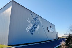 Two separate metal gym buildings accommodate a total of four full-size basketball courts or six volleyball courts. The structure Two separate metal gym buildings accommodate a total of four full-size basketball courts or six volleyball courts. The structure