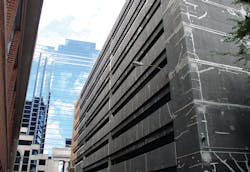 Shear cracks riddle the exterior wall of this urban parking structure. Courtesy Hoffmann Architects Shear cracks riddle the exterior wall of this urban parking structure. Courtesy Hoffmann Architects