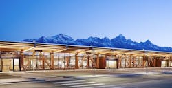 Exposed glulam framework offers quiet complement to Jackson Hole airport’s mountain backdrop Exposed glulam framework offers quiet complement to Jackson Hole airport’s mountain backdrop