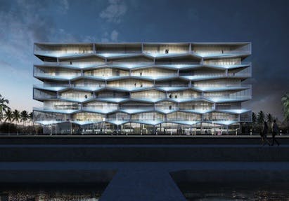 The Honeycomb building will overlook the marina on one side and a plaza on the other. All images: BIG