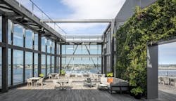 Rooftop deck of the 13-story, LEED Gold Pier 4 office building in Boston’s Seaport district, designed by Elkus Manfredi Architects,. Photo: Magda Biernat Photography Rooftop deck of the 13-story, LEED Gold Pier 4 office building in Boston’s Seaport district, designed by Elkus Manfredi Architects,. Photo: Magda Biernat Photography