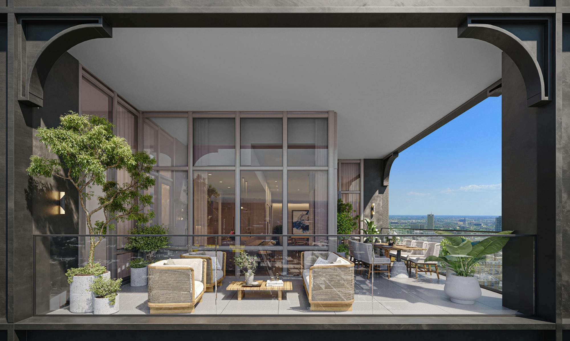 The penthouse terrace at The Row Fulton Market multifamily tower in Chicago by Related Midwest