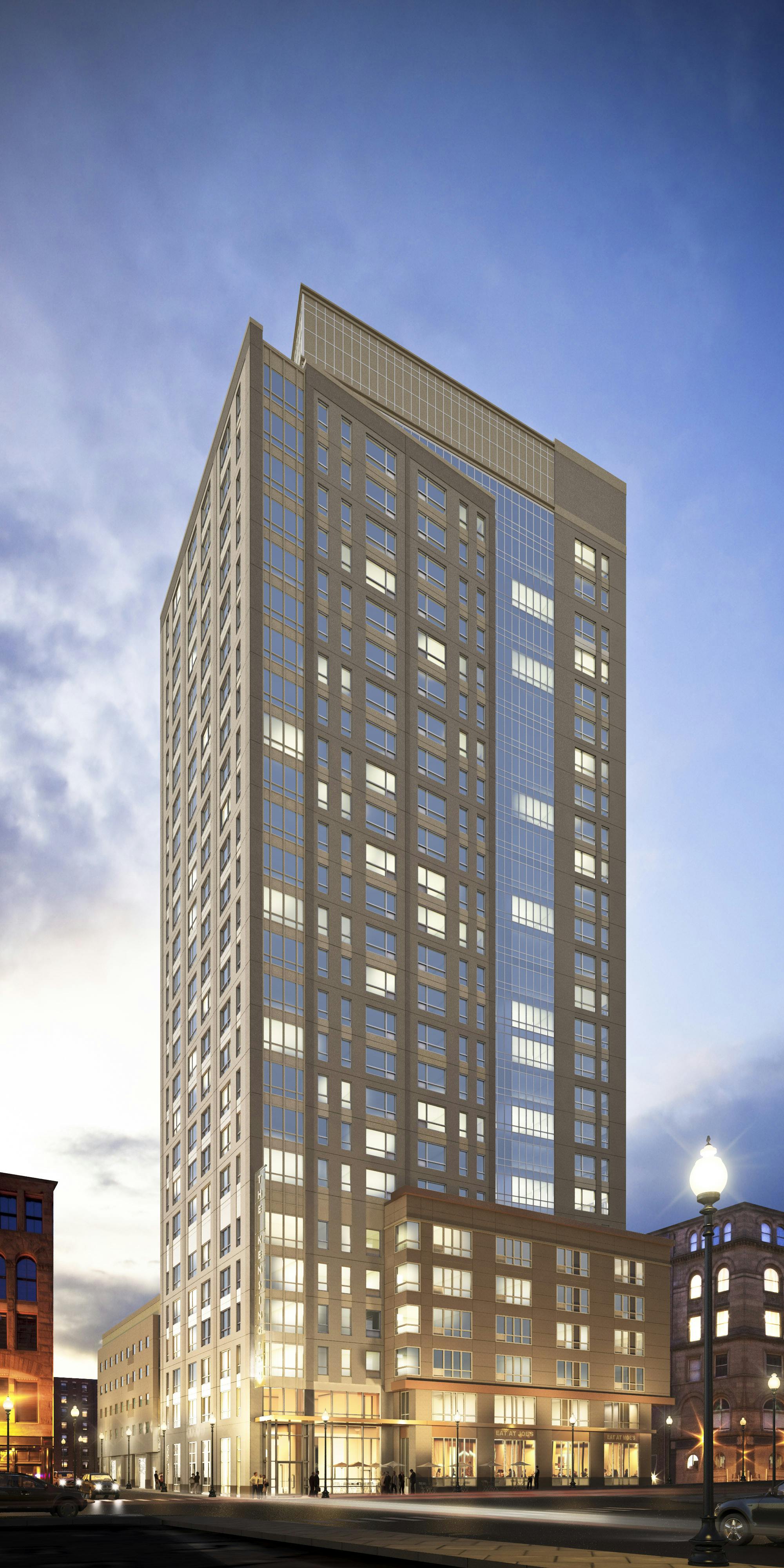 The 27-story, 488,000-sf building will offer 381 luxury rental apartments, 2,300-sf of ground floor retail space, and 110 parkin