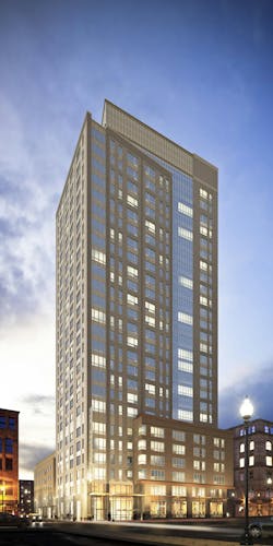 The 27-story, 488,000-sf building will offer 381 luxury rental apartments, 2,300-sf of ground floor retail space, and 110 parkin The 27-story, 488,000-sf building will offer 381 luxury rental apartments, 2,300-sf of ground floor retail space, and 110 parkin