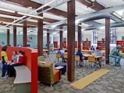 The interior design includes carpet with 65% recycled content, light fixtures reused from the existing building, and natural lig The interior design includes carpet with 65% recycled content, light fixtures reused from the existing building, and natural lig