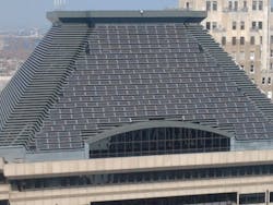 The modules are part of this 122.4 kW rooftop array. At an elevation of 737 feet from the ground, this is the The modules are part of this 122.4 kW rooftop array. At an elevation of 737 feet from the ground, this is the