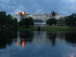 The implosion of Orlandos Amway Arena started with a quick series of small blasts that shattered 78 columns around the building The implosion of Orlandos Amway Arena started with a quick series of small blasts that shattered 78 columns around the building