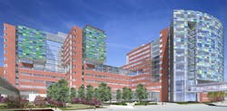 The complex includes 560 private patient rooms, 33 state-of-the-art operating rooms, and expansive new adult and pediatric emerg The complex includes 560 private patient rooms, 33 state-of-the-art operating rooms, and expansive new adult and pediatric emerg