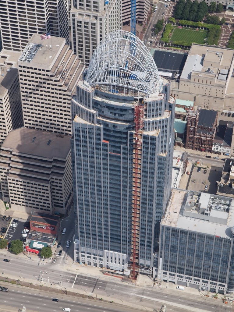 The 13-story tiara brings the height of the building to 665 feet, making it Cincinnatis tallest building. It is also the citys