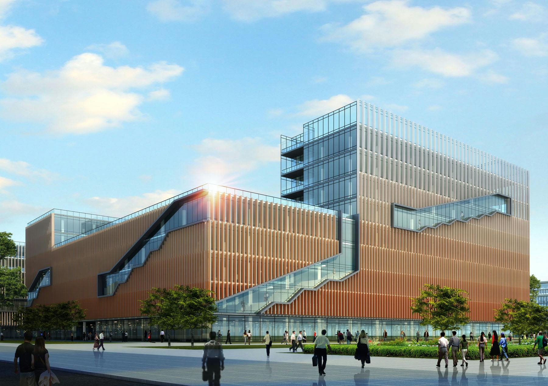 The buildings feature fenestration that shades the external glass skin with copper-colored brise-soleil, graduated in color from