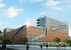 The buildings feature fenestration that shades the external glass skin with copper-colored brise-soleil, graduated in color from The buildings feature fenestration that shades the external glass skin with copper-colored brise-soleil, graduated in color from