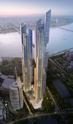 Towers 1 and 2about 450 meters and 390 meters tall, respectivelyshare an architectural language and, therefore, a close family Towers 1 and 2about 450 meters and 390 meters tall, respectivelyshare an architectural language and, therefore, a close family