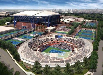 Upgrades to the Billie Jean King National Tennis Center will include the construction of two new stadiums, as well as a retractable roof over Arthur Ashe Stadium. Renderings: ROSSETTI