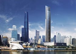 The Guangzhou CTF Finance Centre, now under construction, will be 530 meters tall and require advanced elevator systems. Renderi The Guangzhou CTF Finance Centre, now under construction, will be 530 meters tall and require advanced elevator systems. Renderi