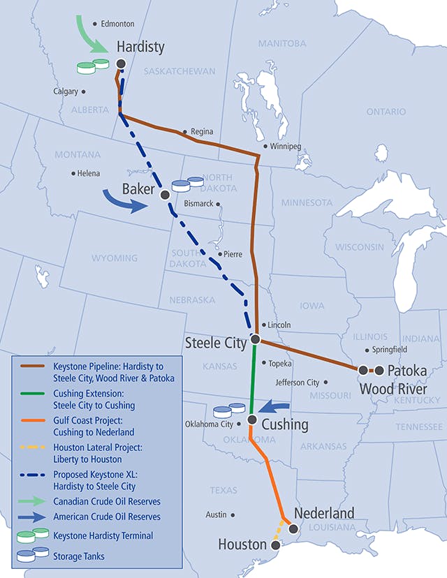 The Keystone XL Pipeline is a proposed 1,179 mile (1,897 km), 36-inch-diameter crude oil pipeline which begins in Hardisty, Alta