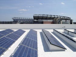 525kW BIPV CoolPly commercial roofing system which provides clean energy to the Patriots Place Complex adjacent to the Gillette 525kW BIPV CoolPly commercial roofing system which provides clean energy to the Patriots Place Complex adjacent to the Gillette