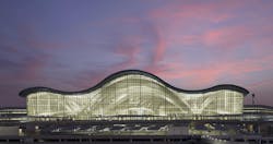 The front façade departures hall at Zayed International Airport, Terminal A. Photo: Victor Romero, courtesy Kohn Pedersen Fox (KPF) The front façade departures hall at Zayed International Airport, Terminal A. Photo: Victor Romero, courtesy Kohn Pedersen Fox (KPF)