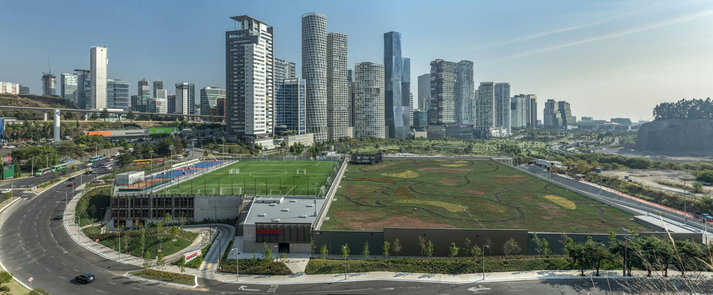 41 Great Solutions for architects, engineers, and contractors Pictured: This Costco location in Mexico City is tucked under a sprawling active green roof, complete with sports fields. Photo courtesy MG2
