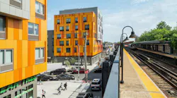 Brooklyn's colorful Van Sinderen Plaza affordable housing project includes retail, public spaces. Photo courtesy GLUCK+
