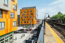 Brooklyn's colorful Van Sinderen Plaza affordable housing project includes retail, public spaces. Photo courtesy GLUCK+ Brooklyn's colorful Van Sinderen Plaza affordable housing project includes retail, public spaces. Photo courtesy GLUCK+