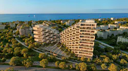 Bjarke Ingels' curved, 50-meter high-rise will anchor a massive urban regeneration project in Greece Rendering courtesy Bjarke Ingels Group (BIG)