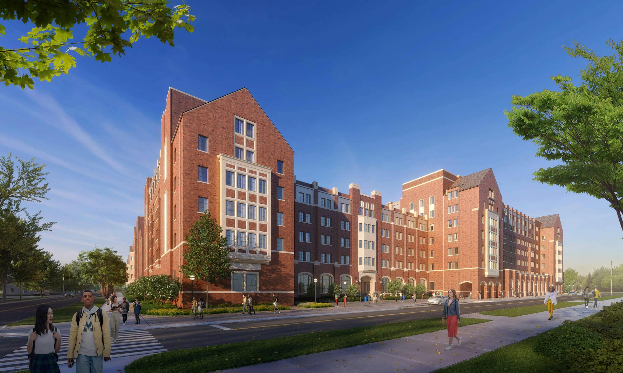 University of Michigan&rsquo;s Central Campus residence hall, as seen looking west from Hill Street. Rendering &copy; RAMSA