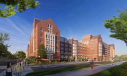 University of Michigan’s Central Campus residence hall, as seen looking west from Hill Street. Rendering © RAMSA University of Michigan’s Central Campus residence hall, as seen looking west from Hill Street. Rendering © RAMSA