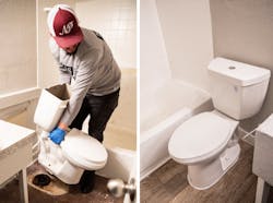 An SAS plumber replaces an existing toilet with a Niagara The Original 0.8 GPF toilet at The Jones Apartments, Arlington, Texas. Photos: Courtesy Niagara An SAS plumber replaces an existing toilet with a Niagara The Original 0.8 GPF toilet at The Jones Apartments, Arlington, Texas. Photos: Courtesy Niagara