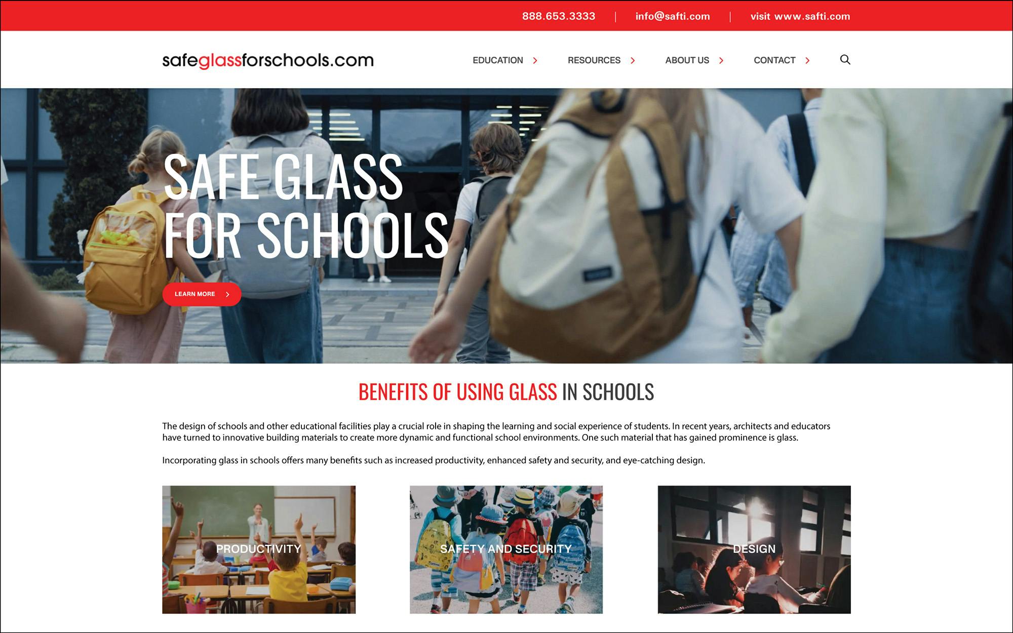 Safeglassforschools home page. Courtesy SAFTI FIRST