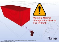 Turner Construction uses Solibri Model Checker software to write and apply custom rule sets to search for safety-related problem areas in BIM models, such as the location of fire extinguishers and material storage areas. Rendering: Turner Construction Turner Construction uses Solibri Model Checker software to write and apply custom rule sets to search for safety-related problem areas in BIM models, such as the location of fire extinguishers and material storage areas. Rendering: Turner Construction