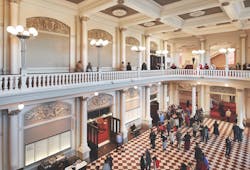 The Grand Foyer Has A Balcony And Railings, Columns, And Marble Floor The Grand Foyer Has A Balcony And Railings, Columns, And Marble Floor